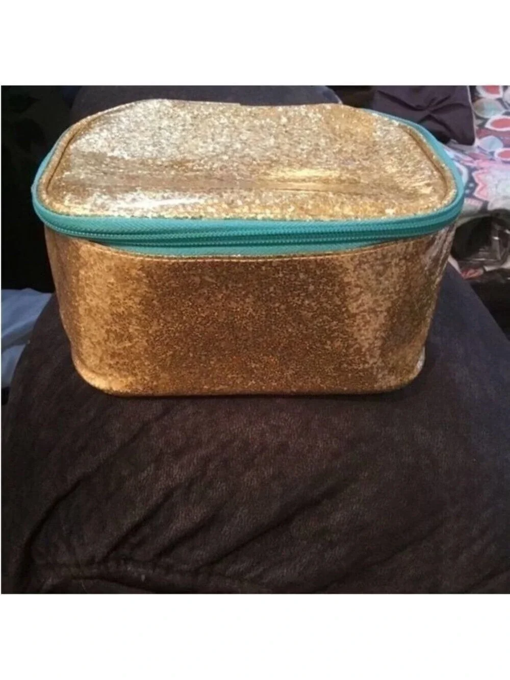 Avon Let It Glow Skincare zippered storage Bag Woman’s Gold and Teal